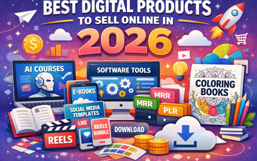 Best digital products to sell online in 2026 including AI courses, software tools, e-books, social media templates, reels bundles and coloring books